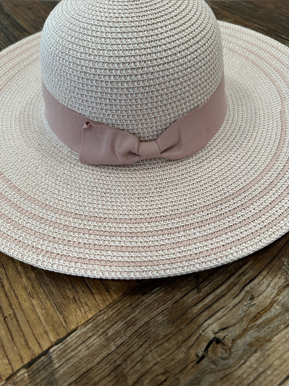 Magid Wide Brim Straw Sun Hat in Pale Pink with Bow Trim